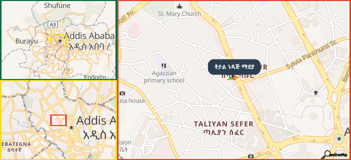 Map showing the address of ቶታል ነዳጅ ማደያ in three different zoom levels.