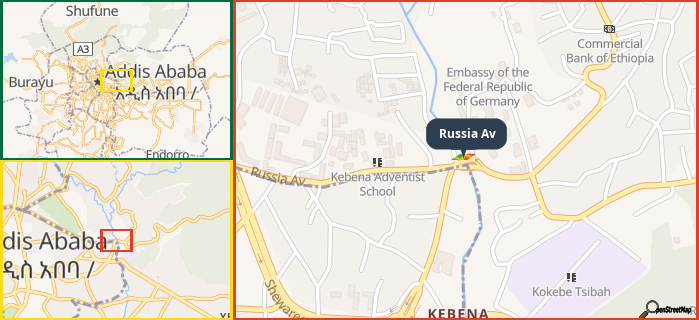 Map showing the address of Russia Av in three different zoom levels.