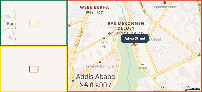 Map showing the address of Adwa Street in three different zoom levels.