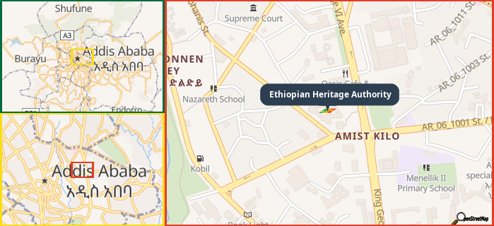 Map showing the address of Ethiopian Heritage Authority in three different zoom levels.