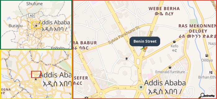 Map showing the address of Benin Street in three different zoom levels.