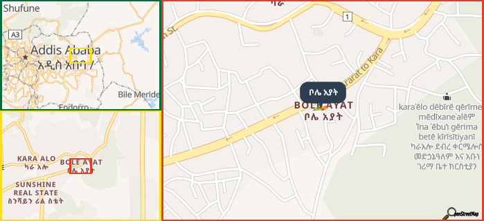Map showing the address of ቦሌ አያት in three different zoom levels.