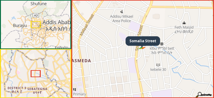 Map showing the address of Somalia Street in three different zoom levels.