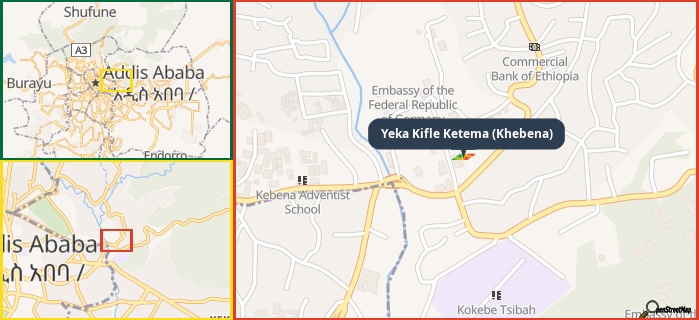 Map showing the address of Yeka Kifle Ketema (Khebena) in three different zoom levels.