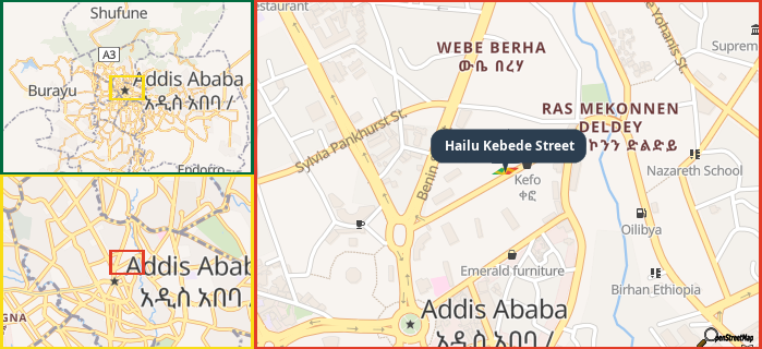 Map showing the address of Hailu Kebede Street in three different zoom levels.