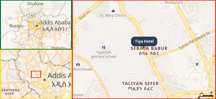 Map showing the address of Tiga Hotel in three different zoom levels.