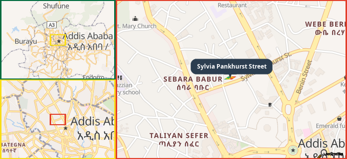 Map showing the address of Sylvia Pankhurst Street in three different zoom levels.