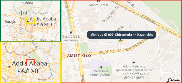 Map showing the address of Minibus Gl 009: Shiromeda => Kazanchis in three different zoom levels.