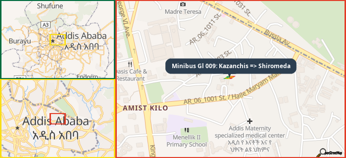 Map showing the address of Minibus Gl 009: Kazanchis => Shiromeda in three different zoom levels.