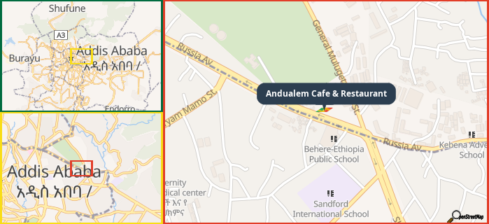 Map showing the address of Andualem Cafe & Restaurant in three different zoom levels.