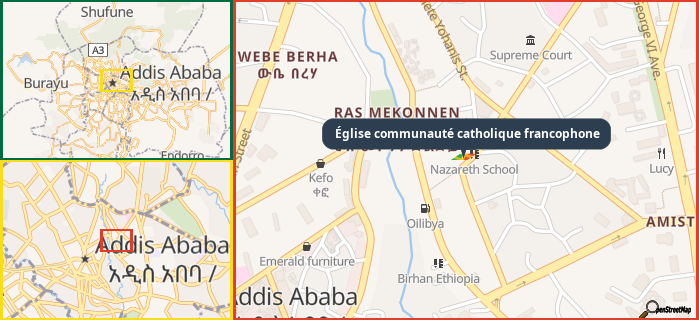 Map showing the address of Église communauté catholique francophone in three different zoom levels.