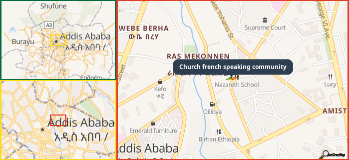 Map showing the address of Church french speaking community in three different zoom levels.