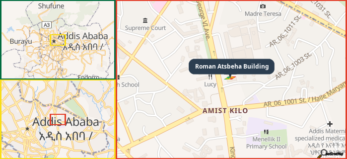 Map showing the address of Roman Atsbeha Building in three different zoom levels.