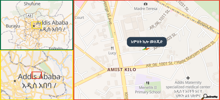 Map showing the address of አምስት ኪሎ መስጂድ in three different zoom levels.