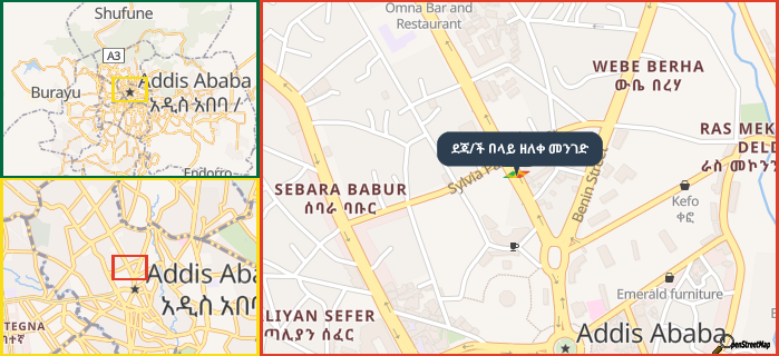 Map showing the address of ደጃ/ች በላይ ዘለቀ መንገድ in three different zoom levels.