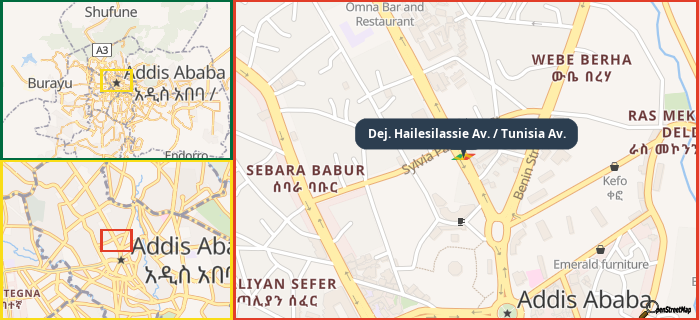 Map showing the address of Dej. Hailesilassie Av. / Tunisia Av. in three different zoom levels.