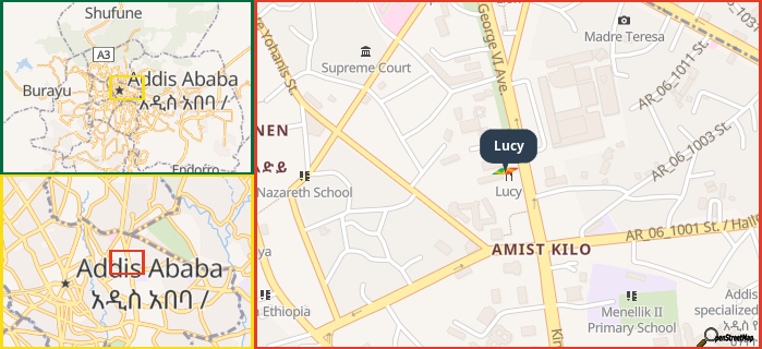 Map showing the address of Lucy in three different zoom levels.