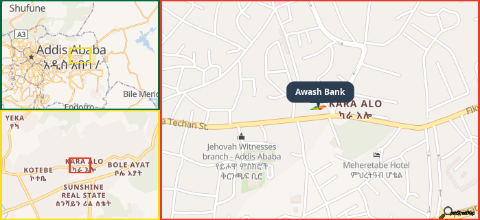 Map showing the address of Awash Bank in three different zoom levels.