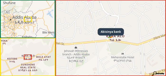 Map showing the address of Abisinya bank in three different zoom levels.