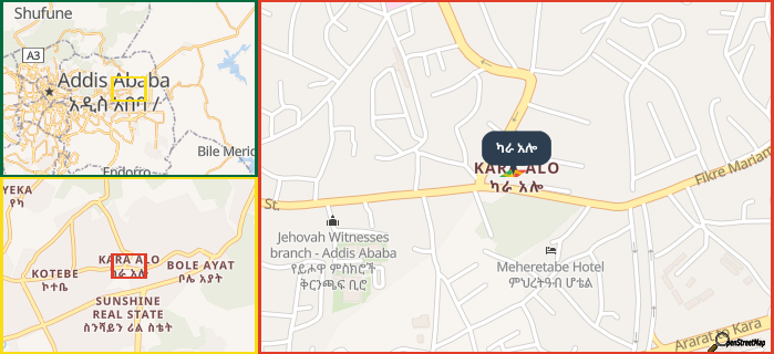 Map showing the address of ካራ አሎ in three different zoom levels.