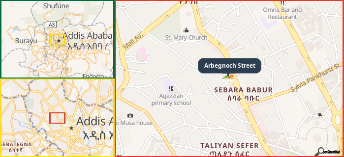 Map showing the address of Arbegnoch Street in three different zoom levels.