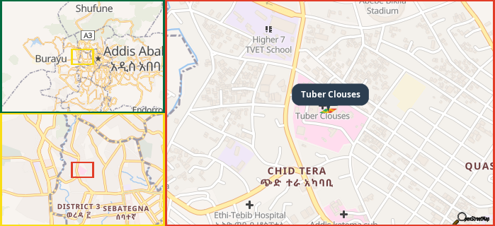 Map showing the address of Tuber Clouses in three different zoom levels.