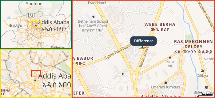 Map showing the address of Difference in three different zoom levels.