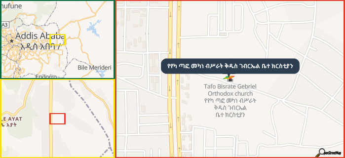 Map showing the address of የየካ ጣፎ መካነ ብሥራት ቅዱስ ገብርኤል ቤተ ክርስቲያን in three different zoom levels.
