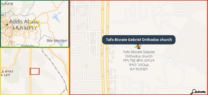 Map showing the address of Tafo Bisrate Gebriel Orthodox church in three different zoom levels.