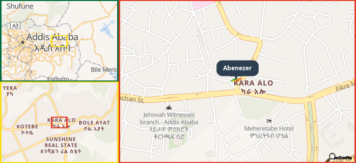 Map showing the address of Abenezer in three different zoom levels.