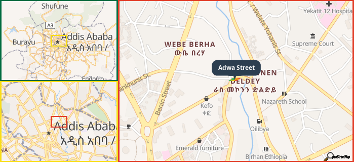Map showing the address of Adwa Street in three different zoom levels.
