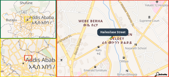 Map showing the address of Hailesilase Street in three different zoom levels.