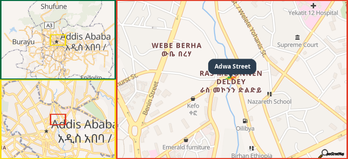 Map showing the address of Adwa Street in three different zoom levels.