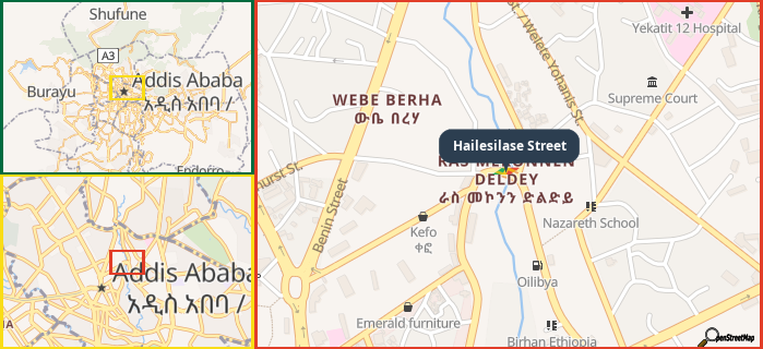 Map showing the address of Hailesilase Street in three different zoom levels.