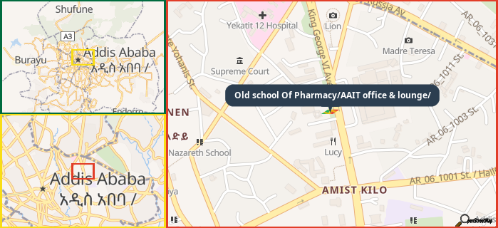 Map showing the address of Old school Of Pharmacy/AAIT office & lounge/ in three different zoom levels.