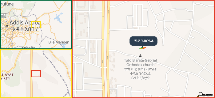 Map showing the address of ጣፎ ገብርዔል in three different zoom levels.