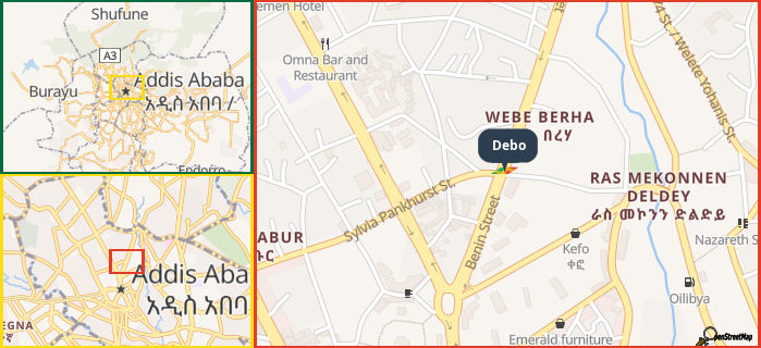 Map showing the address of Debo in three different zoom levels.