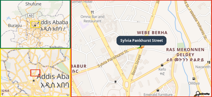 Map showing the address of Sylvia Pankhurst Street in three different zoom levels.