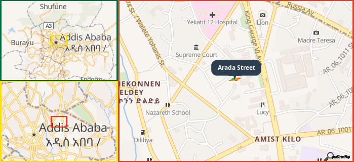 Map showing the address of Arada Street in three different zoom levels.