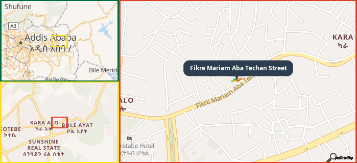 Map showing the address of Fikre Mariam Aba Techan Street in three different zoom levels.
