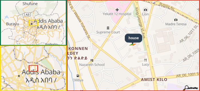 Map showing the address of house in three different zoom levels.