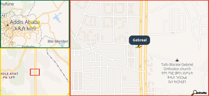 Map showing the address of Gebreal in three different zoom levels.