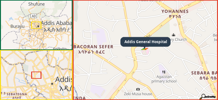 Map showing the address of Addis General Hospital in three different zoom levels.