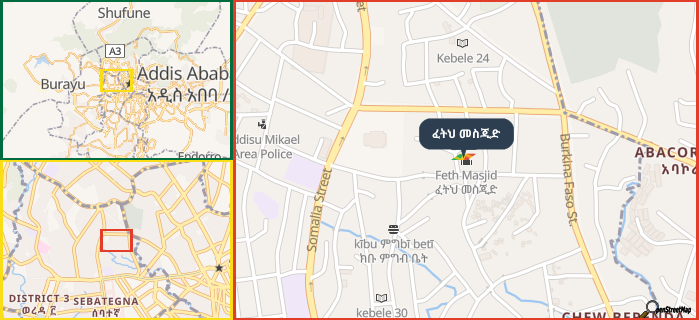 Map showing the address of ፈትህ መስጂድ in three different zoom levels.