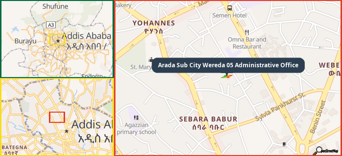 Map showing the address of Arada Sub City Wereda 05 Administrative Office in three different zoom levels.