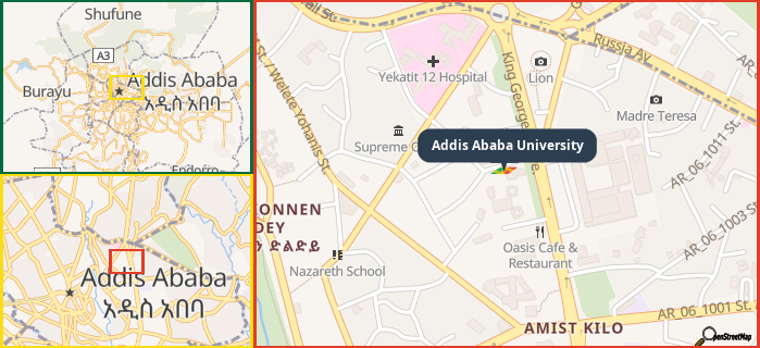 Map showing the address of Addis Ababa University in three different zoom levels.