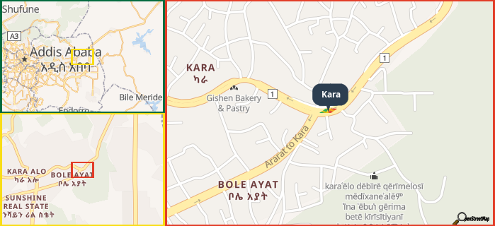 Map showing the address of Kara in three different zoom levels.