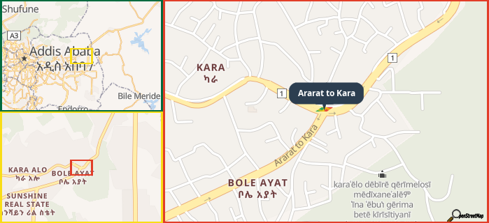 Map showing the address of Ararat to Kara in three different zoom levels.