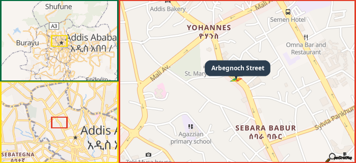 Map showing the address of Arbegnoch Street in three different zoom levels.