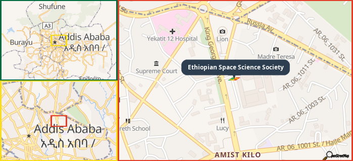 Map showing the address of Ethiopian Space Science Society in three different zoom levels.